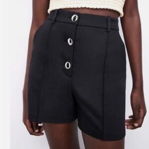 ZARA NWT Minimalist High Waisted Gold Button Black Bermuda Trouser Shorts SZ XS